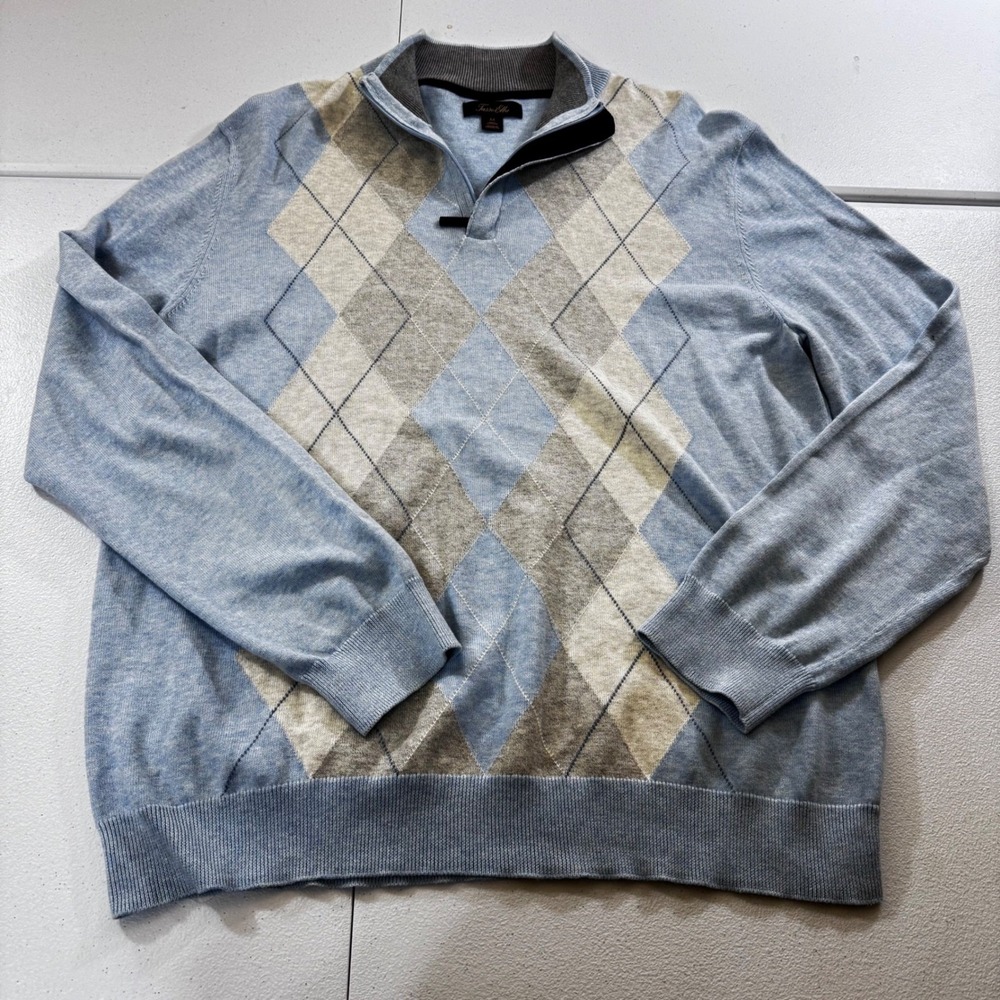 Tasso Elba Mens Medium Blue Grey Argyle Quarter Zip Cotton Sweater